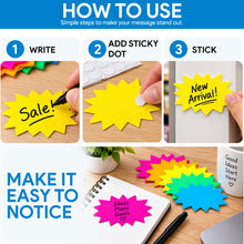 Load image into Gallery viewer, Bulk Case of 150 Sets - Starburst Signs with Stickers 100pcs | Sale Price Tags for Garage Sale, Estate Sale, Yard Sale, Retail Supplies. 50pcs Price Sign Cards &amp; 50pcs Strong Sticker Dots. 2x3 inch (Solid Neon)