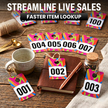 Load image into Gallery viewer, Bulk Case of 75 Sets - Live Plastic Number Tags for Hangers, 001-100 Consecutively Numbered, Mirror Image Number Cards for Live Sales, 3.25" x 2" Cards (Mosaic)