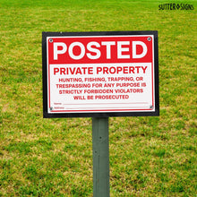 Load image into Gallery viewer, Bulk Case of 50 Sets - Posted Private Property Signs 4 PK | No Hunting No Trespassing PVC Signs with Mounting Holes, 14" x 10"