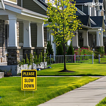 Load image into Gallery viewer, Bulk Case of 36 Sets - Please Slow Down Yard Signs with H-Frame Stakes, 12" x 16" Corrugated Plastic Please Slow Down Signs for Yard (Pack of 2)