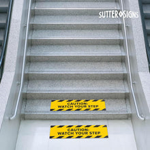 Load image into Gallery viewer, Bulk Case of 50 Sets - 5pk Anti Slip Watch Your Step Floor Decals | Caution Wet Floor Sign Abrasive 80 Grit Tape Stickers for Workplace Safety