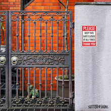 Load image into Gallery viewer, Bulk Case of 50 Signs - Please Keep Gate Closed Sign 10" x 7" | Aluminum Warning Sign to Keep Gate Shut, Latched or Locked | Pre Drilled Mounting Holes for Easy Installation