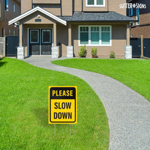 Load image into Gallery viewer, Bulk Case of 36 Sets - Please Slow Down Yard Signs with H-Frame Stakes, 12" x 16" Corrugated Plastic Please Slow Down Signs for Yard (Pack of 2)