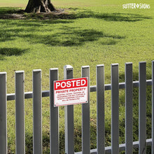 Load image into Gallery viewer, Bulk Case of 50 Signs - Posted Private Property Metal Sign | Heavy Duty Aluminum No Trespassing No Hunting Fishing Trapping Sign with Fence Mounting Holes, Large 14" x 10"