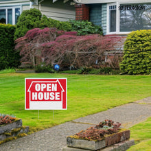 Load image into Gallery viewer, Bulk Case of 12 Sets - 5pk Open House Signs for Real Estate | House For Sale Yard Sign Supplies | Corrugated Plastic with Metal H Frame Stakes, 16" x 12"