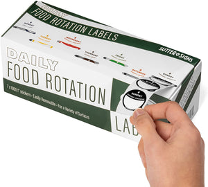 Daily Food Rotation Labels - Writable Surface | Trilingual Labels | Seven Bold Colors | Easy Dispensing Box | Cold-Tolerant Adhesive