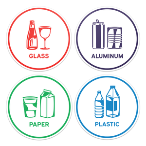Recycling Sorting Sticker Signs Decals - Paper, Aluminum, Plastic, Glass (Set of 4 Stickers)